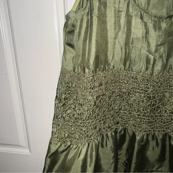 IPSA Anthropologie 100% Silk Olive Green Satin Beaded Peplum Blouse Size Medium - Picture 3 of 9